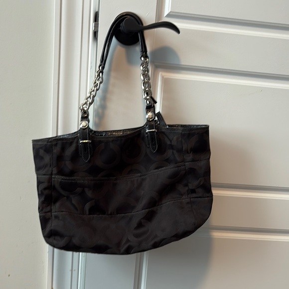 Coach Black Glossy Tote with Chain Straps - Picture 1 of 8